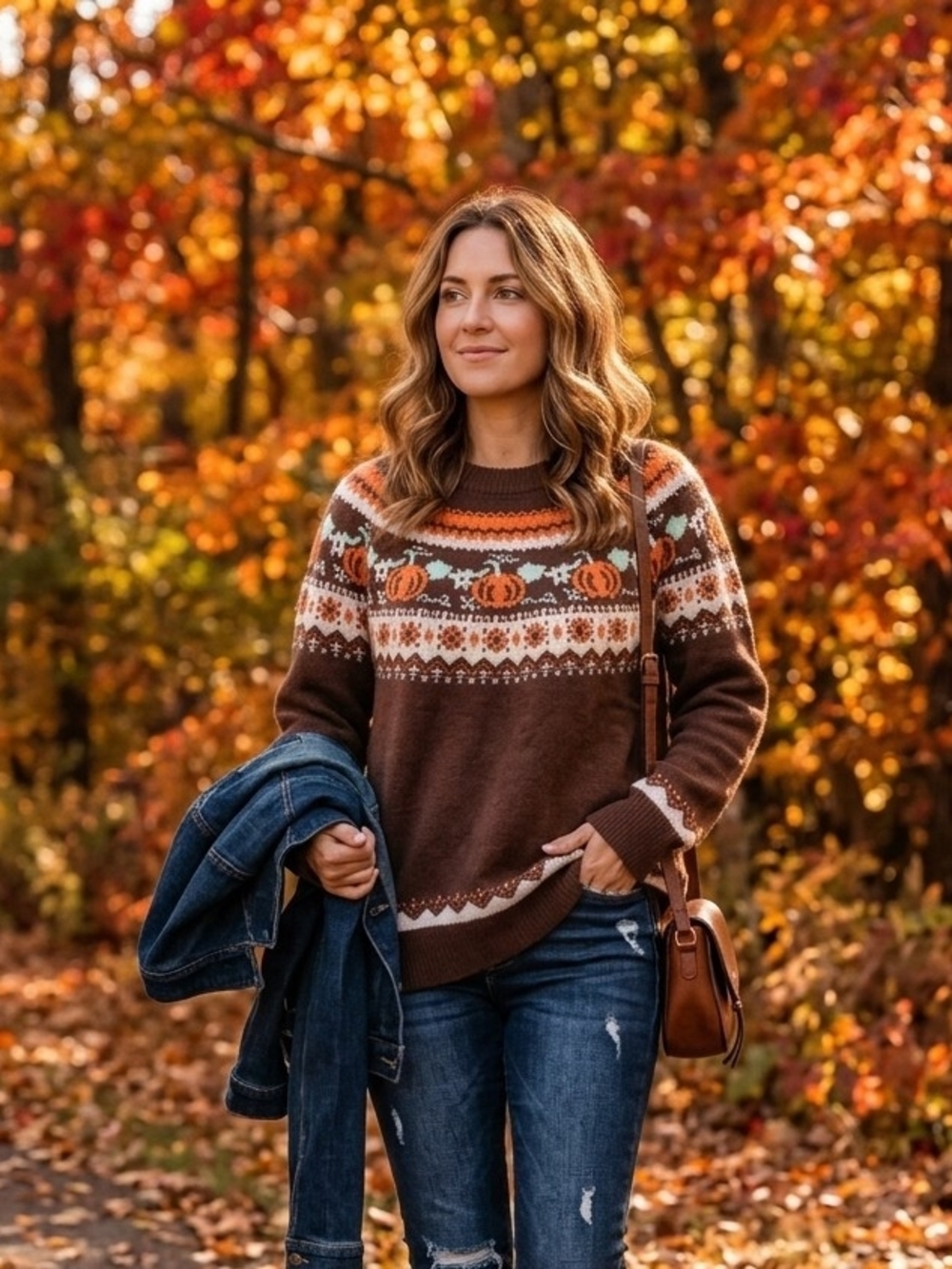 Cupshe Brown & Orange Fair Isle Crewneck Sweater